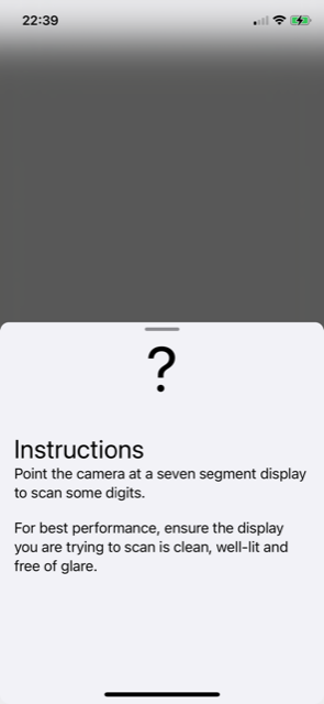 View of app in help mode. Some text is visible to instruct how to use the app.